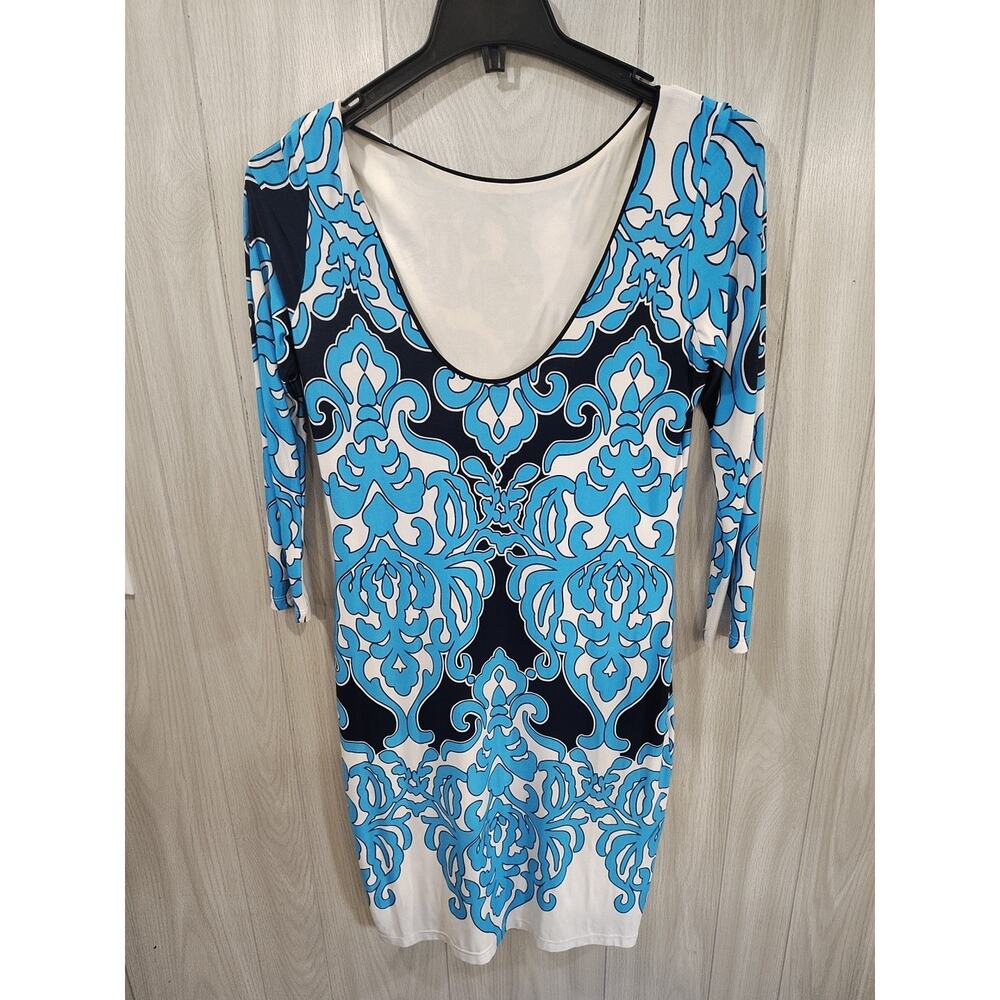 Womens Long Sleeve Stretch Knit Dress Blue Low Back Medium M Mature Feminine
